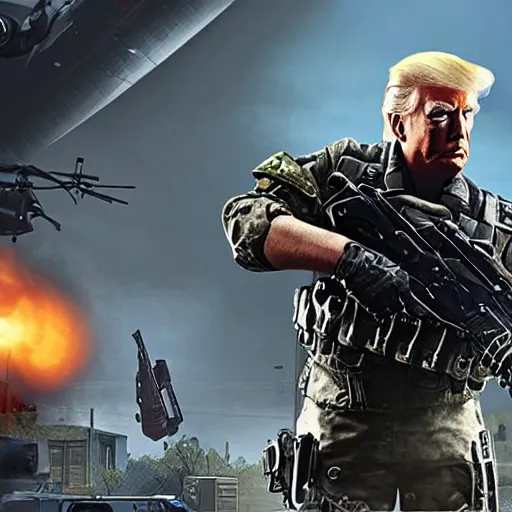 Prompt: a screenshot of Donald Trump in Call of Duty: Black Ops 3