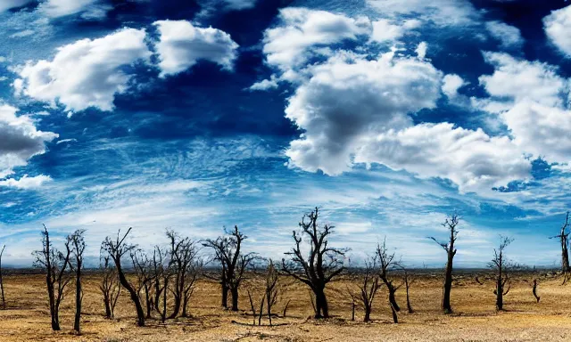 Image similar to panorama of a weather phenomemon where big raindrops fly upwards into the perfect cloudless blue sky from a dried up river in a desolate land, dead trees, blue sky, hot and sunny highly-detailed, elegant, dramatic lighting, artstation, 4k, cinematic landscape, photograph by Elisabeth Gadd, National Geographic