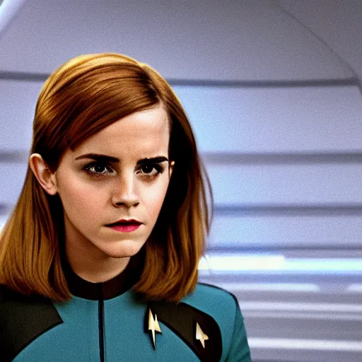 Prompt: Emma Watson in Star Trek, XF IQ4, f/1.4, ISO 200, 1/160s, 8K, Sense of Depth, color and contrast corrected, unedited, Dolby Vision, symmetrical balance, in-frame