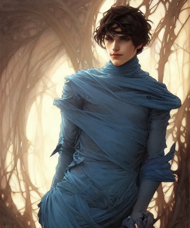 Image similar to Fae teenage boy, portrait, face, messy shoulder-length dark hair, blue eyes, fantasy, intricate, elegant, highly detailed, digital painting, artstation, concept art, smooth, sharp focus, illustration, art by artgerm and greg rutkowski and alphonse mucha