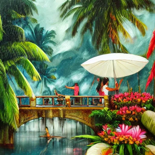 Prompt: monsoon on tropical island, attractive oriental native in white, frontal, ornate, beautiful, atmosphere, vibe, mist, coconuts, rain, wet, pristine, puddles, melting, dripping, snow, creek, lush, ice, bridge, forest, roses, flowers, oil painting by hans zatska