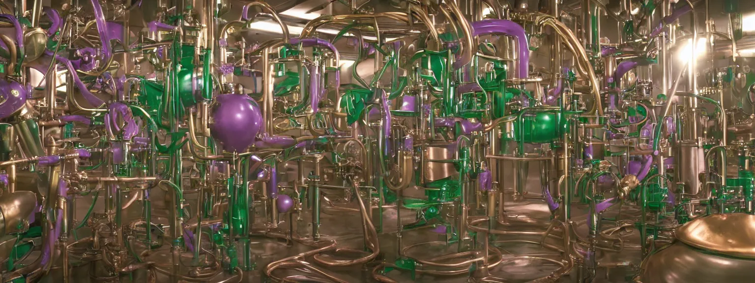 Image similar to machine apparatus for making snake oil, huge copper machine fed by a hopper of snakes, purple and green pipework, art by ed roth and kenny scharf, barrels of snake oil in a hermetically sealed production line, golden hour lighting, film still from the uncle aloysius family medicine depot movie 3 d, 8 k