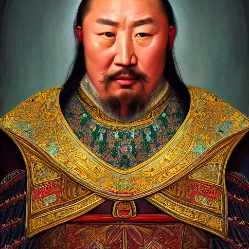 Image similar to a stunning and noble highly detailed romantic period style portrait of Genghis Khan by Josep Tapiró Baró, trending on artstation, oil painting masterpiece, symmetry, fractals, Mongolian iconography