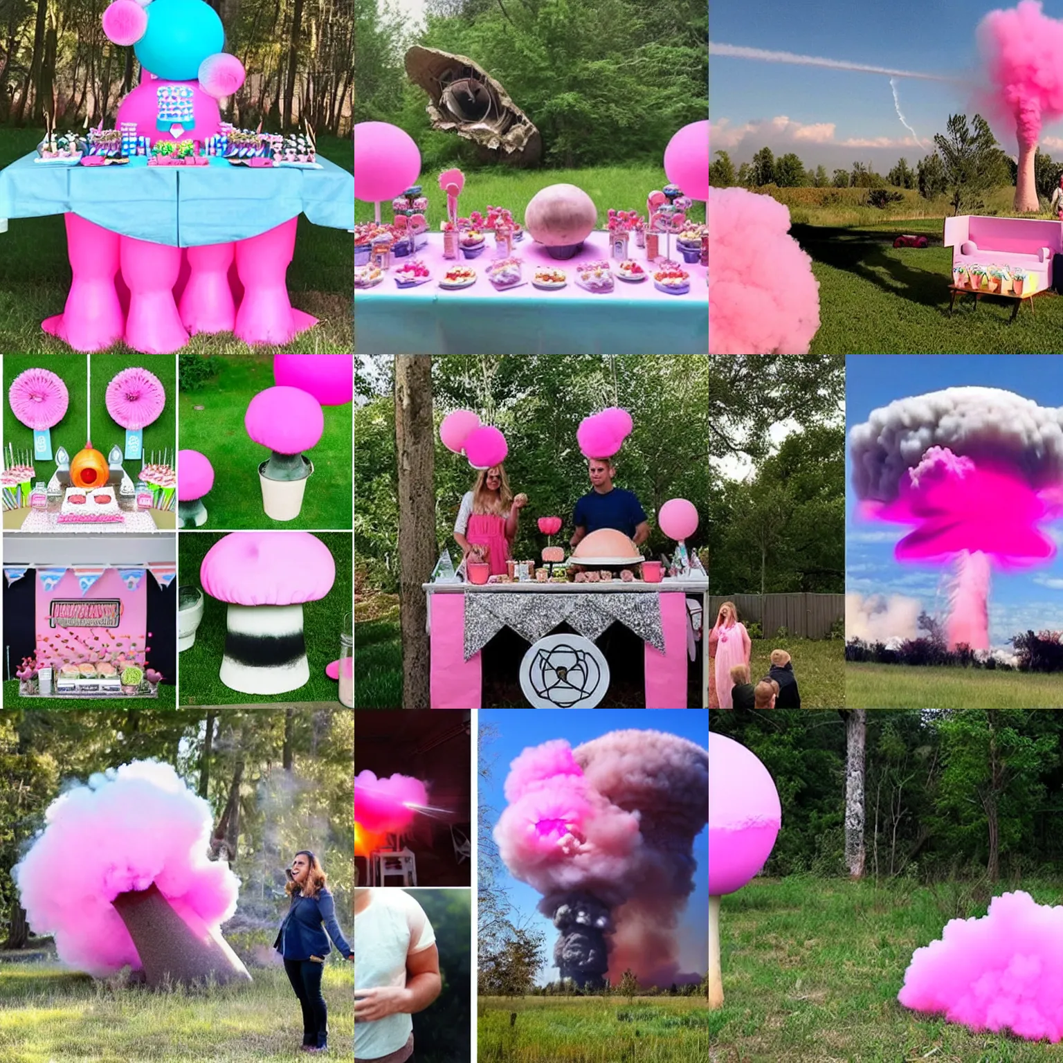 Prompt: gender reveal party goes too far, detonating a nuclear bomb to make a large pink mushroom cloud