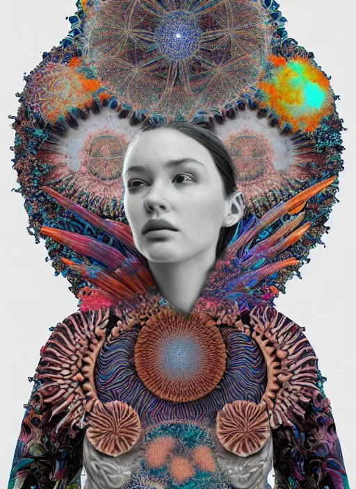 Prompt: ridiculously beautiful young woman tripping, thinking, psychedelics, nature, coral, birds, symmetrical, in the style of ernst haeckel, effervescent, sacred geometry, warm, surrealism, photo realistic, epic and cinematic,