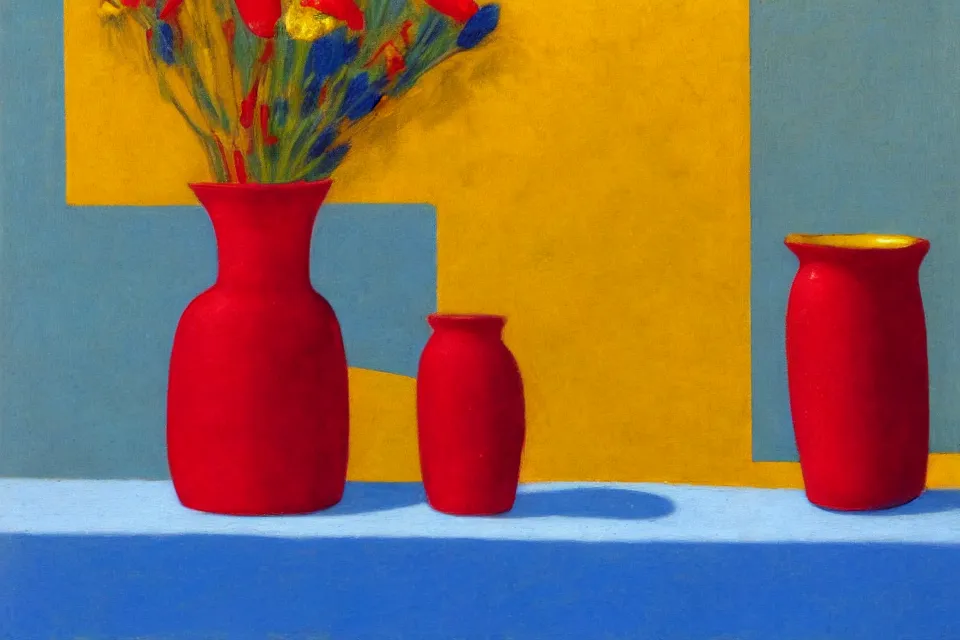 Prompt: red cude and yellow vase, blue book, photo