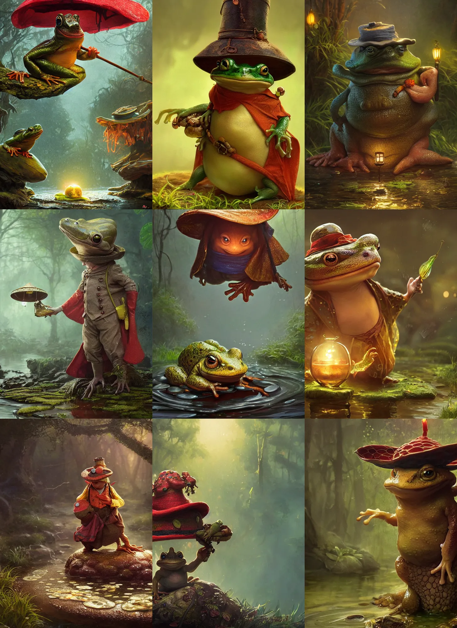 Prompt: Toad cute amphibian magician with wirzards hat and cape, unreal engine, octane render, dramatic lighting, pond, digital art, by Stanley Artgerm Lau, greg rutkowski, thomas kindkade, alphonse mucha, loish, norman Rockwell