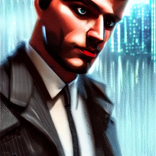 Prompt: stylish cartoon portrait made out of rain, pinstripe suit, cyberpunk background, rendered in octane, unreal engine, highly detailed, trending on artstation, realistic, neon, beautiful, volumetric lighting, depth of field