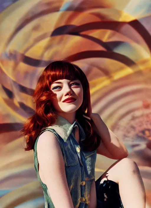 Prompt: young Emma Stone wearing a vintage Raypunk outfit, accurate anatomy, abstract sun in background, shiny soft skin, soft lighting, sharp details, warm colors, full body portrait, 35 mm film, subsurface scattering, lens flare