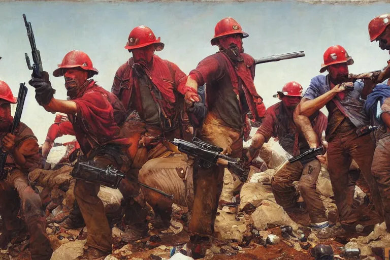 Prompt: intense dramatic still of a ragtag group of miners and factory workers with improvised weapons and firearms and red bandanas around their necks, on the surface of an asteroid, outside of a high tech industrial building, oil painting by charles frederic ulrich, norman rockwell, greg rutkowski, trending on artstation, incredible detail