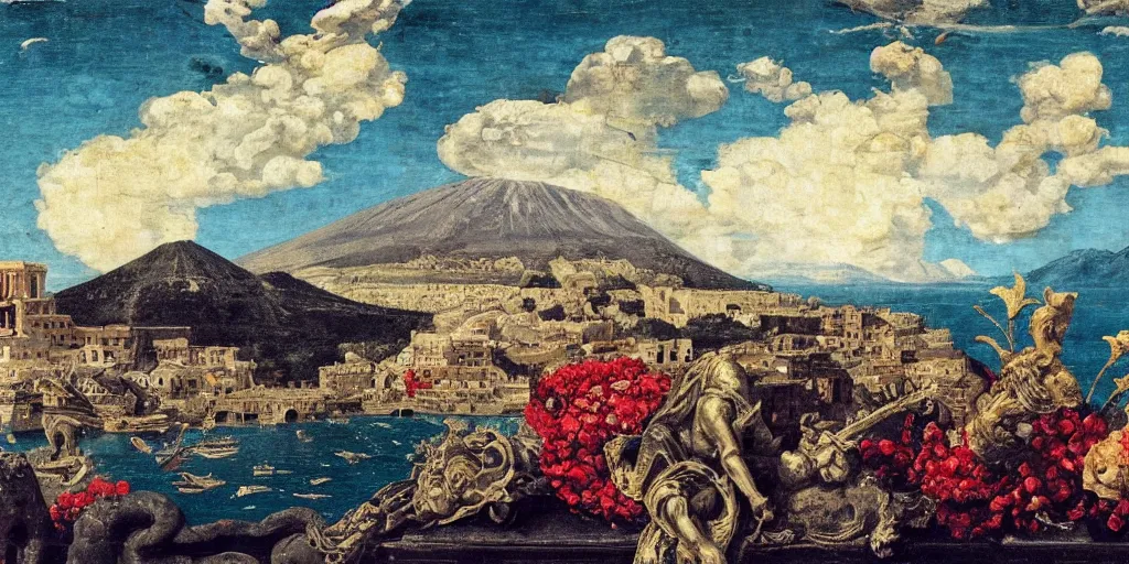 Prompt: tilt shift, gulf of Naples, Pompeii, Vesuvius, italian masterpiece, sky in background, wyvern, wind rose, Ashford Black Marble, sculpture, baroque, draped with red Hibiscus and vines and spines, marble and hint gold, space, stars, clouds, suns, moons, drapes, fruits, Obsidian, pomegranade, armour, medieval globe, glass, portrait, mage, centaur, siren, lion, chariot, snails, render, artstation, ultra detailed