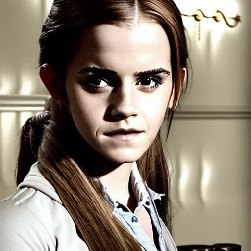 Prompt: emma watson cosplaying hermione granger at hogwarts, dramatic lighting, photorealistic, cinematic scene, super detailed, hyper realistic