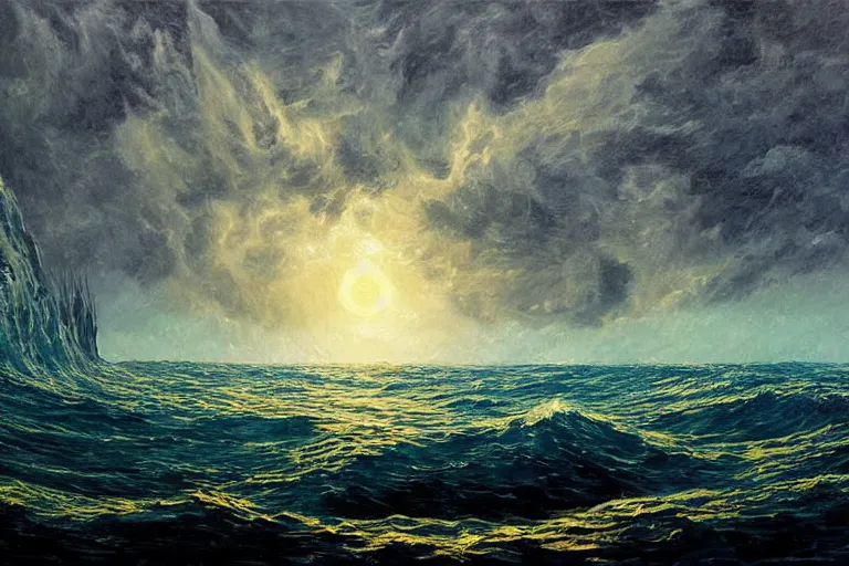 Image similar to miskatonic university big bang seascape in the style of dr. seuss,'interstellar directed by christopher nolan ', painting by albert bierstadt