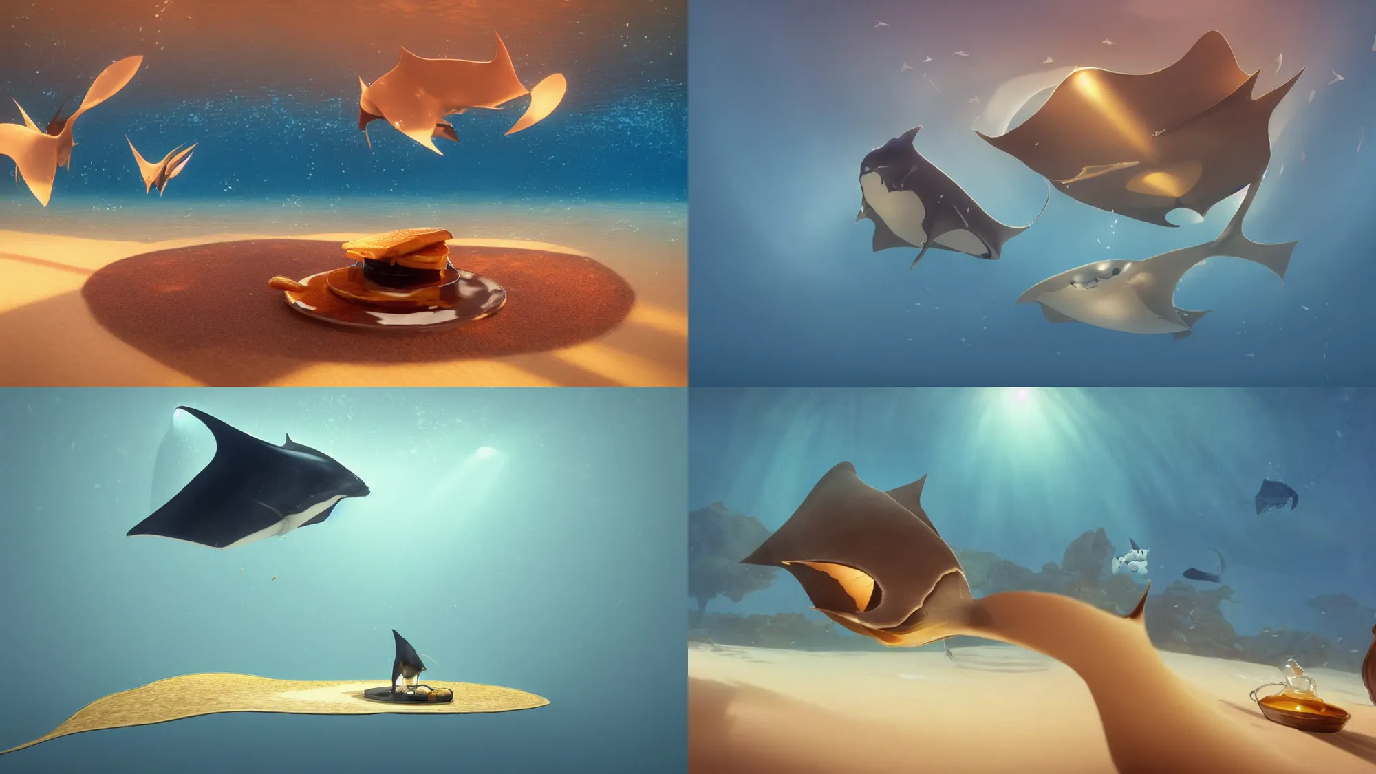Prompt: a pancake manta ray swimming in maple syrup, cute, 4 k, 8 k, maple syrup sea, golden brown atmospheric ray traced lighting, detailed award - winning beautiful lighting composition 3 d octane render, by greg rutkowski, studio ghibli, blur, motion blur bokeh