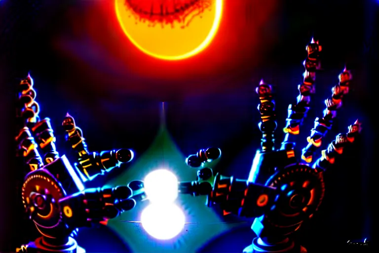 Prompt: Hyper intelligent, fractal robot, in a dark room, with glowing hands, shiva, making art, solar eclipse, hyperrealistic, DAZ, unreal 5, fisheye, dynamic lighting, art by Greg Rutokowski