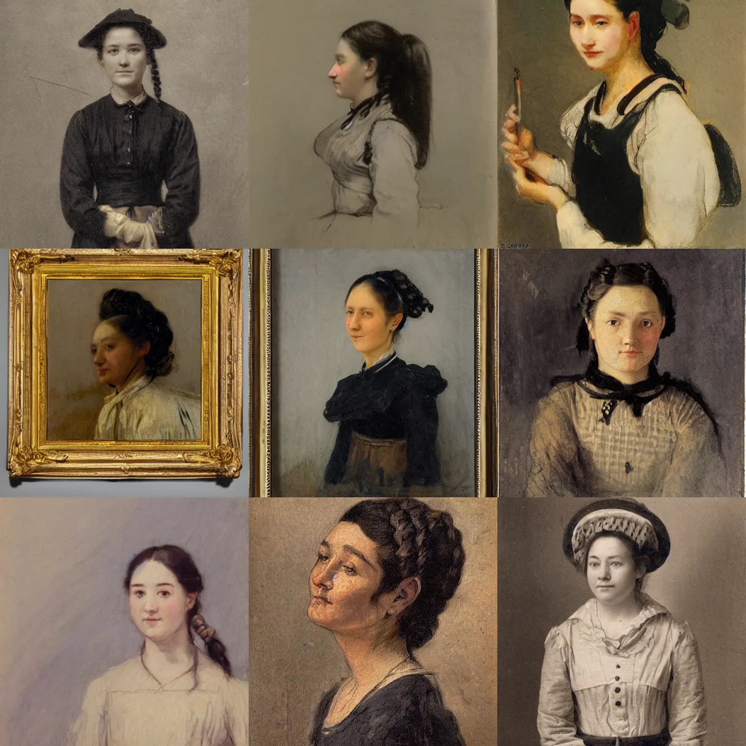 Prompt: a sadly smiling black haired, young hungarian village maid from the 19th century who looks very similar to Lee Young Ae with a two french braids, detailed, sketch by Rembrandt, Csók István, Cecilia Beaux and da Vinci