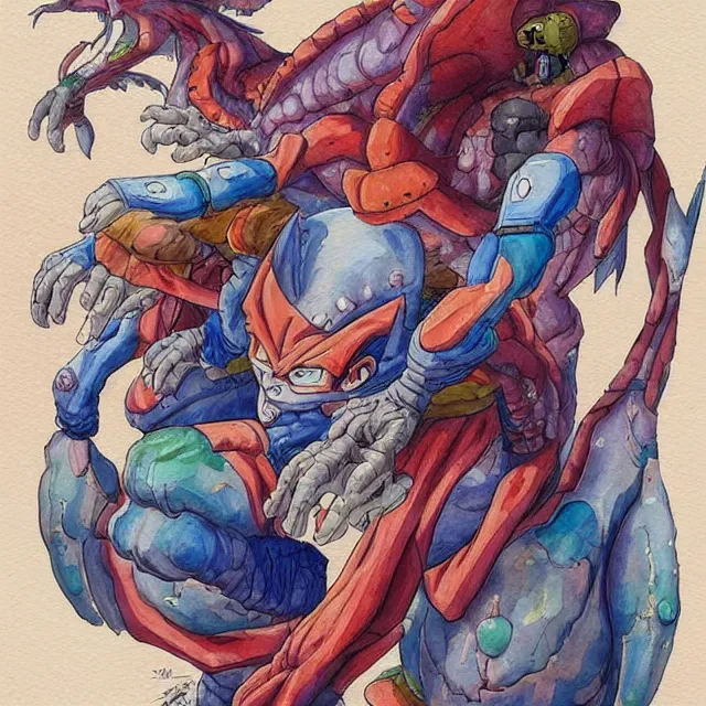 Image similar to a watercolor painting of a dragon ball machine mutant in the style of jean giraud in the style of moebius trending on artstation deviantart pinterest detailed realistic hd 8 k high resolution