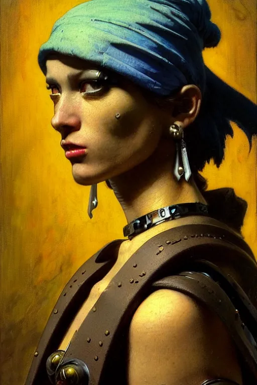 Image similar to full character portrait max mad cyberpunk warhammer 4 0 k, tech priest not the girl with the pearl earring character design, painting by gaston bussiere, katsuya terada, wyeth, greg rutkowski, craig mullins, ( ( ( ( ( vermeer ) ) ) ) ), frank frazetta, mucha, tom of finland, trending on artstation