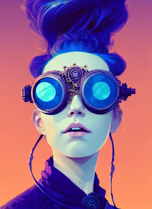 Prompt: portrait of beautiful nordic woman wearing steampunk goggles, pigtail blue hair, artstation winner by victo ngai, kilian eng and by jake parker, by conrad roset, swirly vibrant color lines, winning award masterpiece, fantastically gaudy, aesthetic octane render, 8 k hd resolution