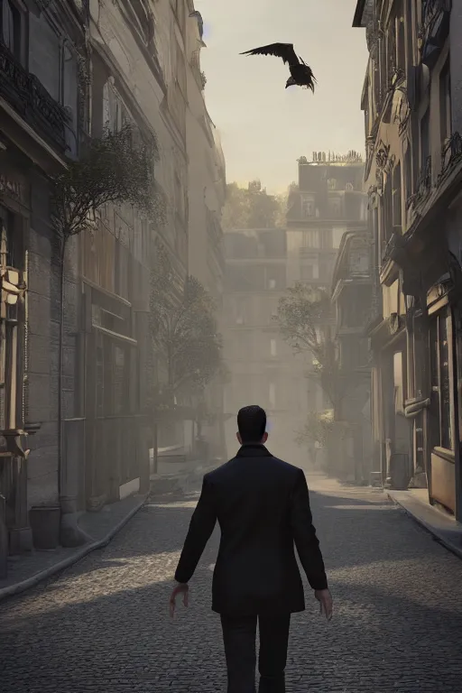 Prompt: in the foreground a Parisian street, in the background a dark-haired man from behind wearing a long matrix style jacket and starting to fly away, realistic, high definition, great detail, dramatic scene, detailed and realistic hands, symmetrical face, realistic eyes, art of unreal engine 5