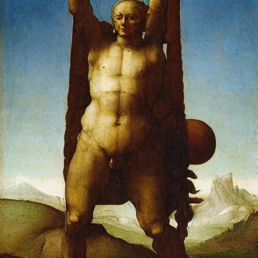 Image similar to a painting of atlas carrying the earth on its shoulders by Leonardo da vinci