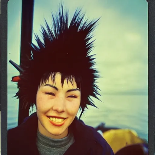 Prompt: black - haired girl with wild spiky black saiyan hair with long bangs over her eyes, hair bangs down to nose, eyeless, muscular, wearing casual clothing, standing on an alaskan fishing vessel, mekoryuk, alaska, 1 9 6 5, polaroid, kodachrome, grainy photograph