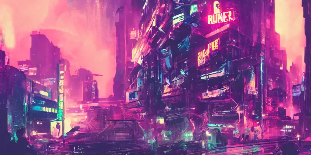 Image similar to blade runner rap concert, digital art, vapor wave, hip hop, trending on Artstation, professional artist, detailed, 4k