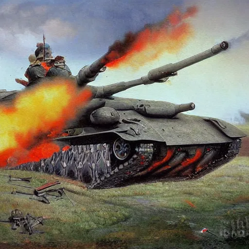 Image similar to soviet tank attack, battle painting by Peter Krivonogov
