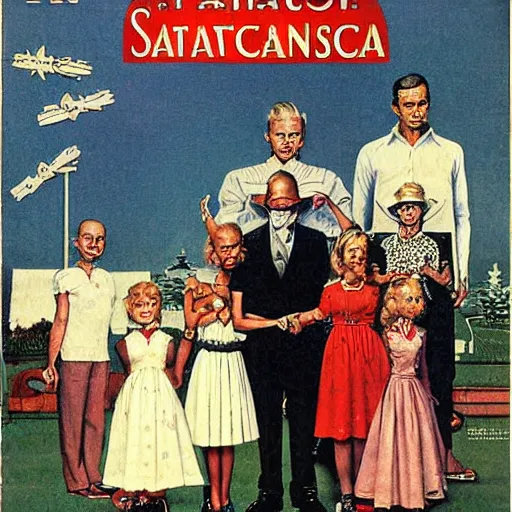 Prompt: Satani States of America, alternate history, 1959 Stepford suburban living, nuclear family, Satanic family, gothic children, drawn by Norman Rockwell