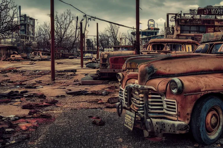 Prompt: low wide angle shot of dilapidated fallout 5, desolate, dilapidated neon signs, few rusted retro futuristic vintage parked vehicles like cars, ( ( ( buses, trucks, trams ) ) ), volumetric lighting, photorealistic, sunny, early evening, golden hour, autumn, sharp focus, ultra detailed, 4 0 0 0 k