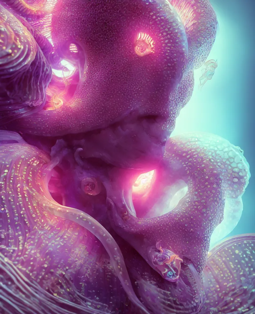 Image similar to goddess close-up portrait ribcagel. jellyfish phoenix head, nautilus, orchid, skull, betta fish, bioluminiscent creatures, intricate artwork by Tooth Wu and wlop and beeple. octane render, trending on artstation, greg rutkowski very coherent symmetrical artwork. cinematic, hyper realism, high detail, octane render, 8k