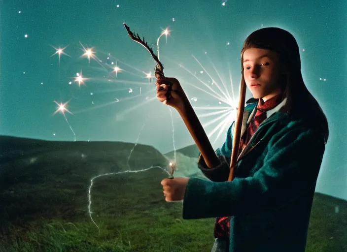 Image similar to a young adult wizard with very detailed face, hair clothes and shoes holds their wand fiercely in their hand from which a blast of bright magic flies from the end of the wand, on an empty moonlit hill, dramatic lighting, lens flare, 3 5 mm full frame professional photography, kodachrome