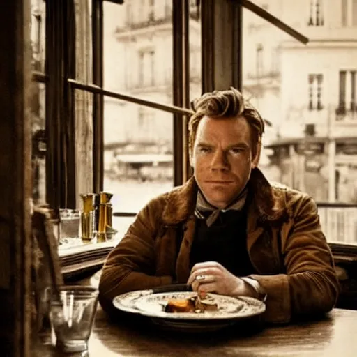 Image similar to ewan mcgregor is sitting at table in a cafe at paris in early 2 0 th century. atmospheric feeling, warm colours, brown colours, yellow colours, epic scene, cinematic, very detailed