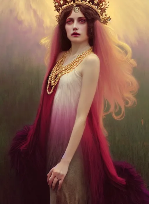 Prompt: ombre velvet gown, feathers, lovely queen, portrait, long hair, small crown, dozens of pearl necklaces, feral languid woman, by greg rutkowski, anato finnstark, alphonse mucha, global illumination, radiant light