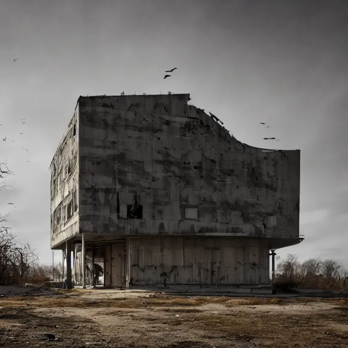 Image similar to a building in a serene landscape, post - apocalyptic fiction