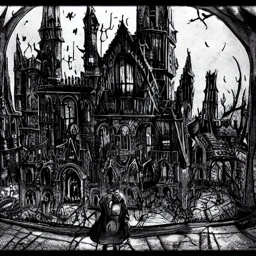 Image similar to a gothic horror lovecraftian cityscape in an eternally dark haunted world full of demons and ghosts