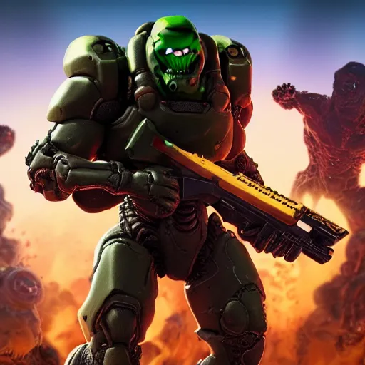 Image similar to doom guy in fornite, intricate, smooth detailed, marine armor, fornite theme