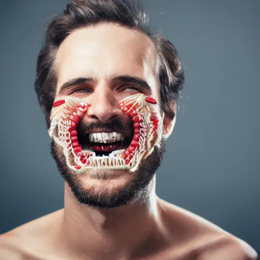 Image similar to man covered in human teeth