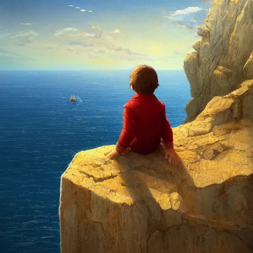 Prompt: A little boy sitting on a cliff staring at the horizon, Graceful body structure,cute,Symmetrical face,highly detailed,elegant,Marc Simonetti and Caspar David Friedrich, Trending on artstation