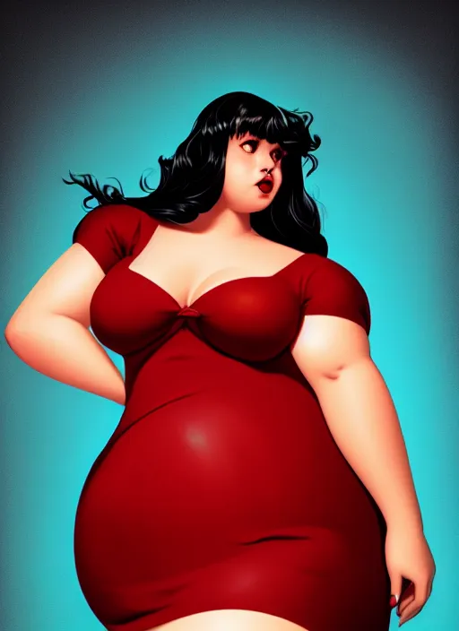 Image similar to full body portrait of teenage veronica lodge, obese, bangs, sultry, realistic, sultry smirk, wavy hair, red skirt, fat, belly, intricate, elegant, glowing lights, highly detailed, digital painting, artstation, concept art, smooth, sharp focus, illustration, art by wlop, mars ravelo and greg rutkowski