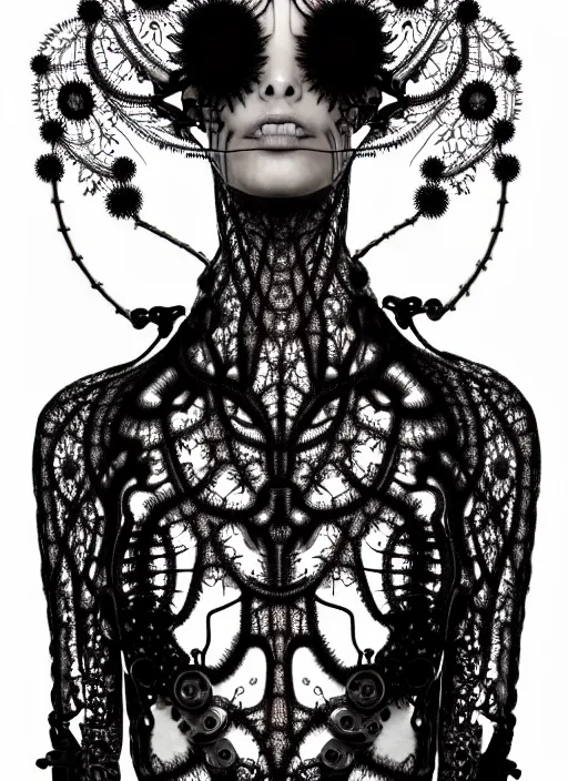 Image similar to surreal black and white photo portrait of complex bio-mechanical beautiful young female vegetal-cyborg with a Mandelbrot fractal steampunk metal fine lace face, a very long neck and a fine metal floral foliage super big lace collar by Alexander McQueen:: high fashion, haute couture, rococo, steampunk, silver filigree details, anatomical, facial muscles, cable wires, microchip, elegant, dreamy, foggy, hyper realistic, 150 mm lens, soft rim light, octane render, unreal engine, picture was taken in 1910 by Dora Maar, volumetric lighting, dramatic light,8k,