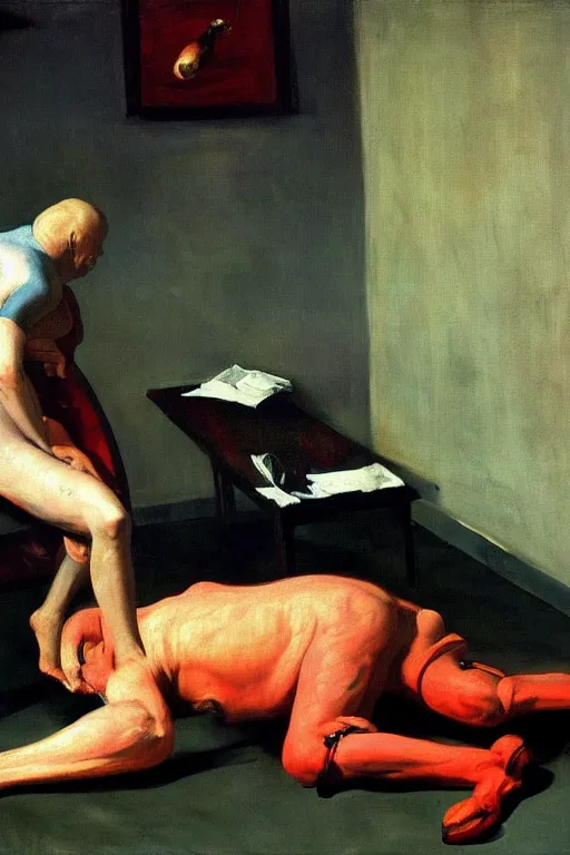 Prompt: fetish game dominantrius dressed as a horse sits on the back of a man dressed as an astronaut, highly detailed painting by francis bacon, edward hopper, adrian ghenie, gerhard richter, and james jean soft light 4 k,