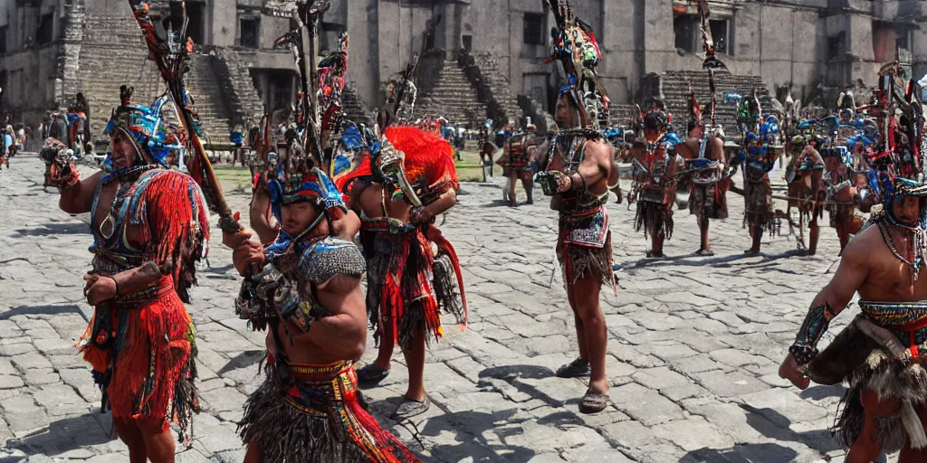 Prompt: quetzal aztec warriors in tenochtitlan, burning church in the background