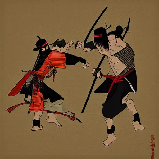 Image similar to 2 samurais fighting each other, Digital art