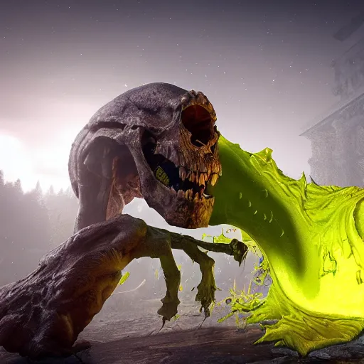 Image similar to gigantic monster with much slime, bones, skull, horror lighting, ultra realistic details, 8k