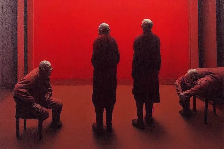 Image similar to only with red, a red old man try to sell a portrait, a crowd cheering, in a city square, in the style of beksinski, parts by edward hopper, parts by rodcenko, parts by yue minjun, intricate and epic composition, red by caravaggio, insanely quality, highly detailed, masterpiece, red light, artstation, 4 k