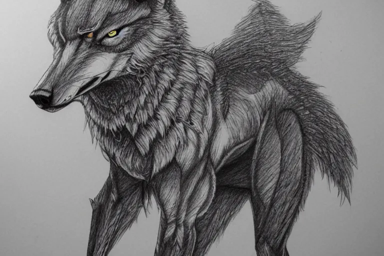 Image similar to a pencil drawing of a wolf, full body, D&D, armor, made by by Pen Tacula