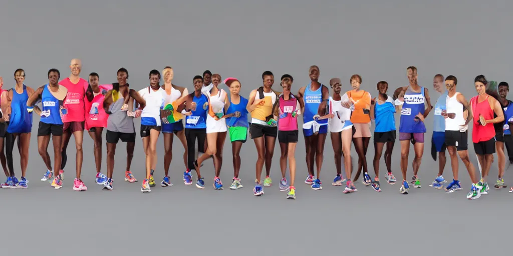 Prompt: Rough Sketch of Studio Photograph of starting line of many diverse marathon runners. multiple skintones. Frontal. Sports Advertising Campaign. Wide shot. Fashion Studio lighting. White background.