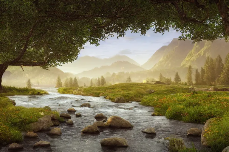 Prompt: A flowery meadow with a large tree in the left and a river on the right with rocky sides, a wooden bridge on the right and realistic mountains in the background, a slightly overcast sky at sunrise. ultra realistic, matte painting, concept art, 4k, trending on artstation, octane render, wide lens.