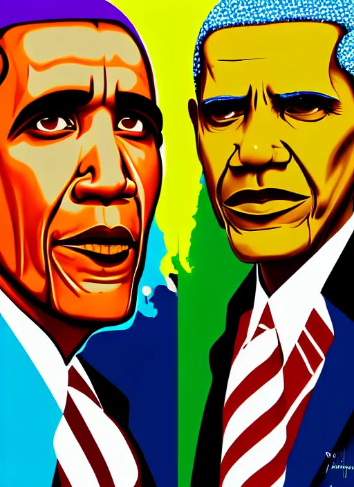 Prompt: pop art obama and khamenei angry each other, no duplicate image, glowing lights, highly detailed, digital painting, artstation, concept art, smooth, sharp focus, illustration, art by richard hamilton and mimmo rottela